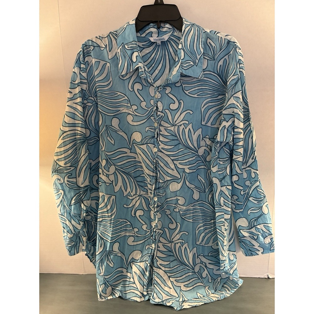 Blue Island Womens XL Tropical Floral Button Front Cotton Blouse Blue White